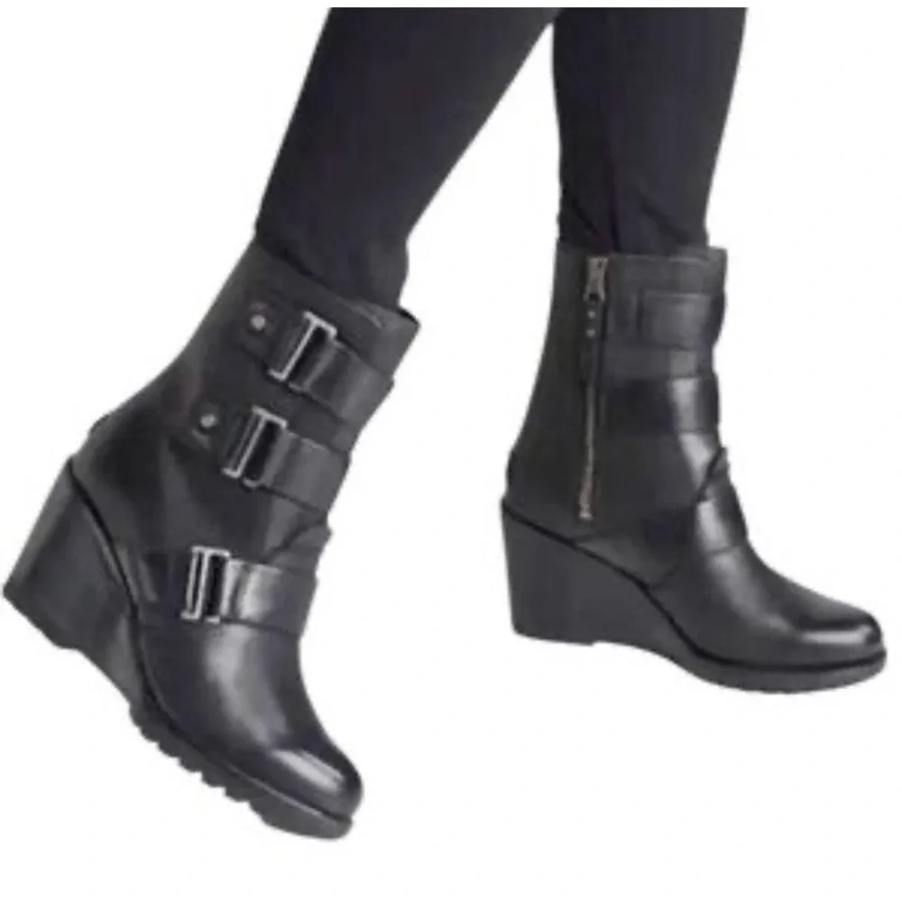 Sorel After Hours Wedge Bootie 7.5 Black Leather Zip Up Buckle Womens Boots